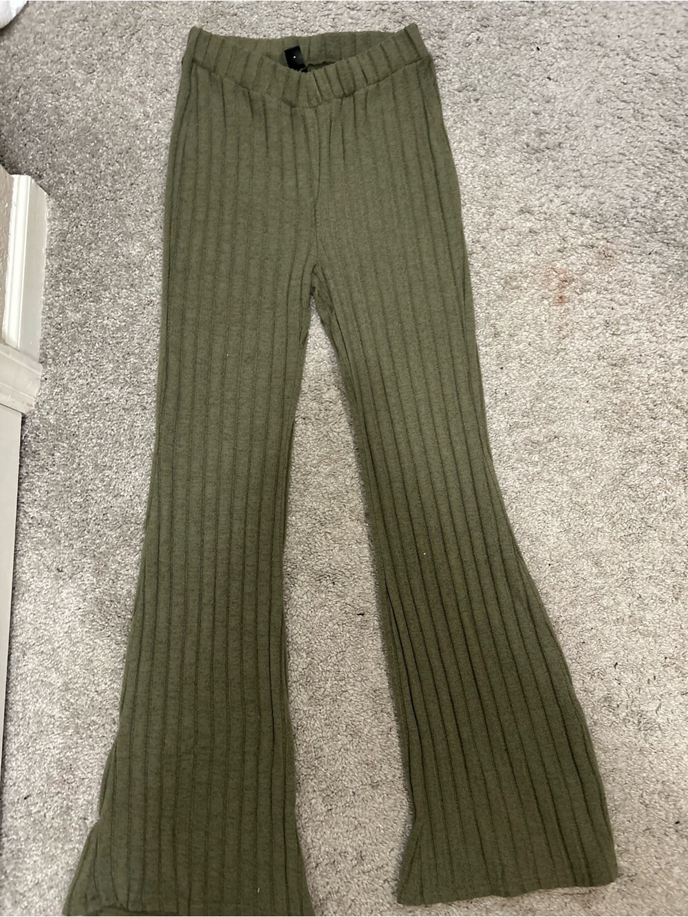 Ribbed Olive Green Knit Flared Pants